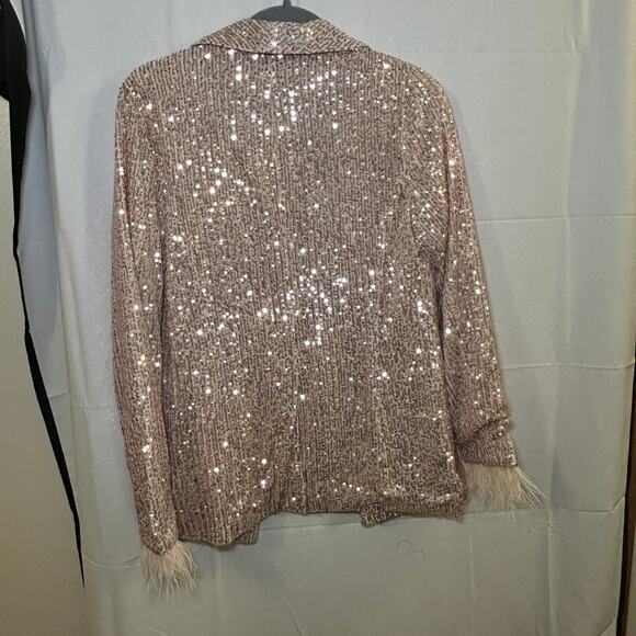 Nicole Miller Charlotte Allover Sequin Feather Trimmed Jacket Size Small‎ Gold - Picture 3 of 10